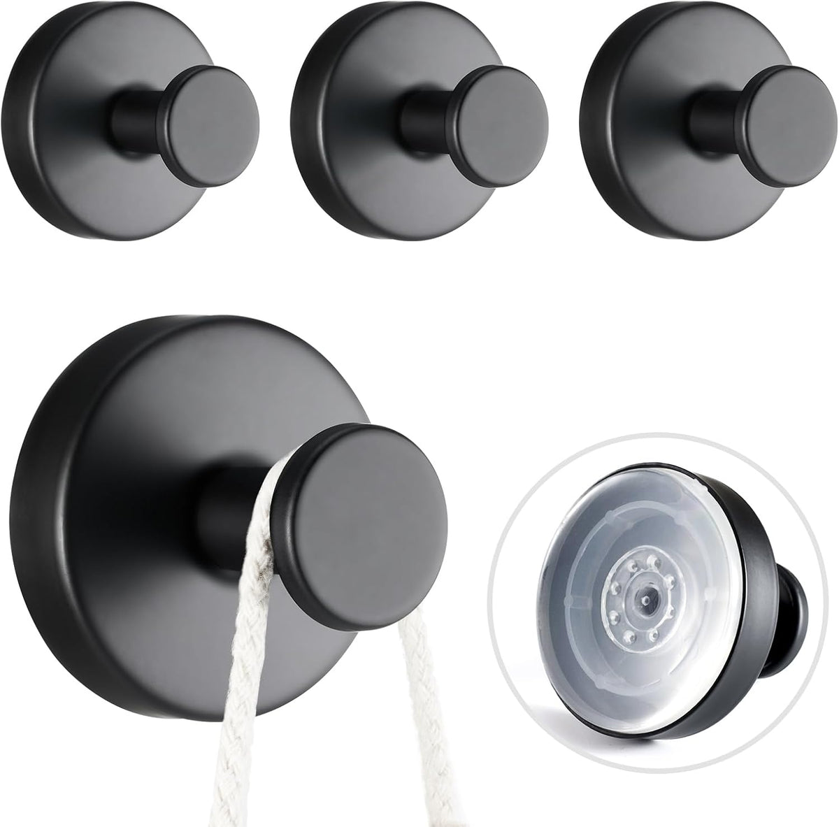 4 PCS Suction Cup Hooks for Shower, Stainless Steel No Drill Towel Hooks, Reusable Sticky Silicone Base for Bathroom Wall, Glass, Mirror, Tile to Hang Loofahs, Robes (Matt Black)
