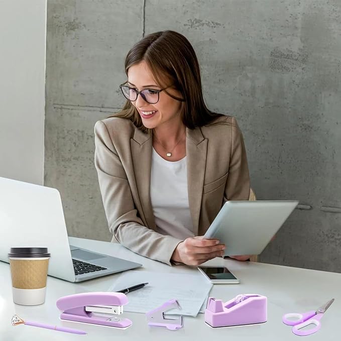 Purple Desk Accessories, Pink Office Supplies Set with Stapler, Tape Dispenser, Staple Remover, Pen Holder, Scissor, Binder/Paper Clips, Ballpoint Pen, Clear Tape and 1000pcs Staples