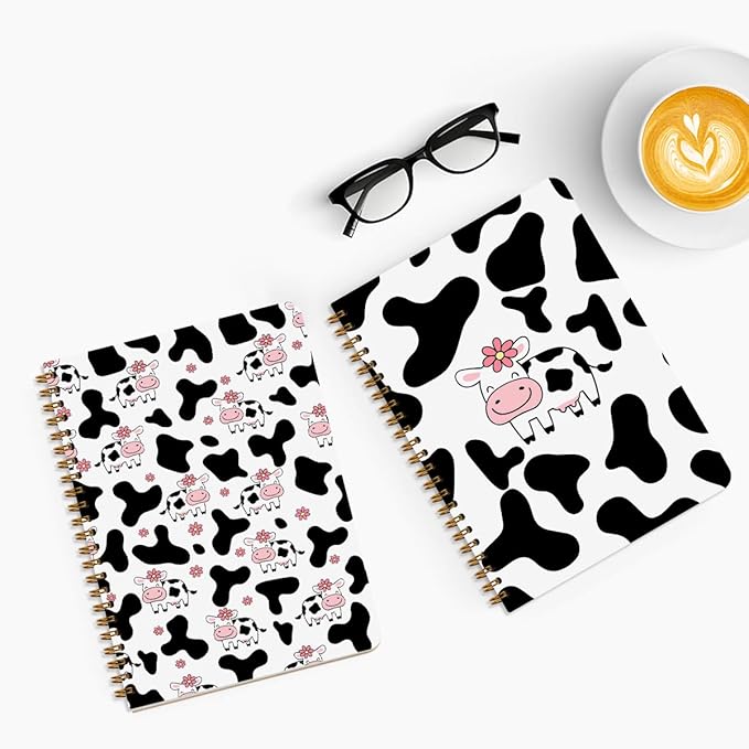 2 Pcs Cow Spiral Notebooks for Work, A5(8.3x5.8inch) Composition Notebook College Ruled Note Book, Pink Flowers Hardcover Notepads Diary Lined Travel Journal for Writing, Cute Cow Gifts for Women