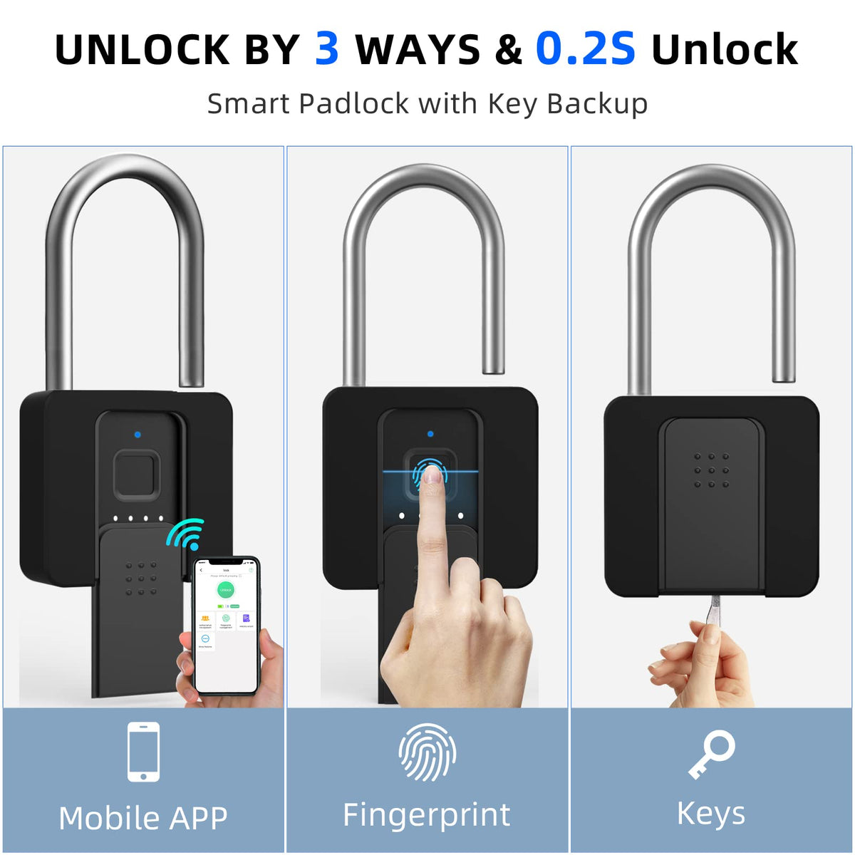 Fingerprint Padlock, Eseesmart Long Shackle Smart Padlock Bluetooth Lock with Mobile APP Outdoor Waterproof Lock with Protective Case for School Gym Locker, Fence, Gate, Toolbox