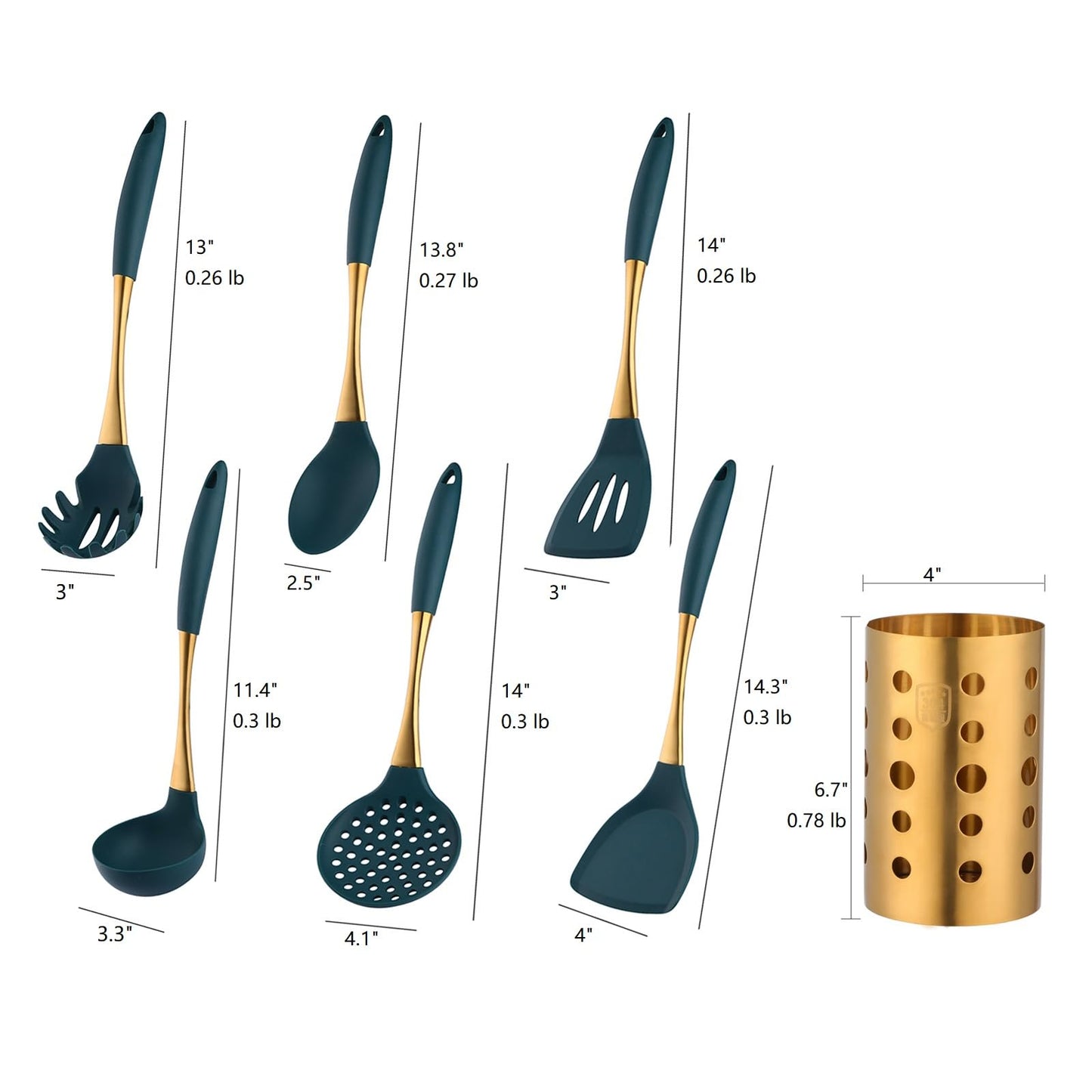 BYEGOU Green and Gold Silicone Cooking Utensils Set - 7-Pieces Nonstick Safe Kitchen Utensil Set with Heat Resistant Comfort Handles - Includes Gold Utensil Drain Holder