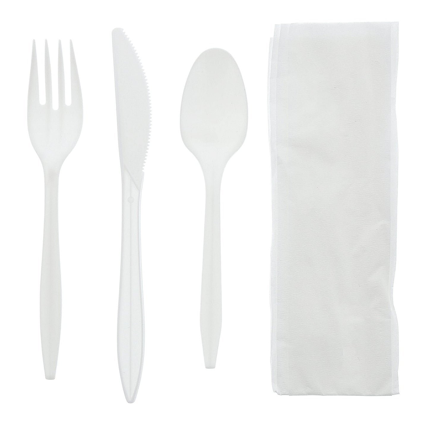 AmerCareRoyal 4-in-1 Disposable Silverware Medium Weight Plastic Utensil Set with Teaspoon, Fork, Knife and 12x13 inch Napkin - Individually Wrapped Cutlery Meal Kit, White, Case of 250