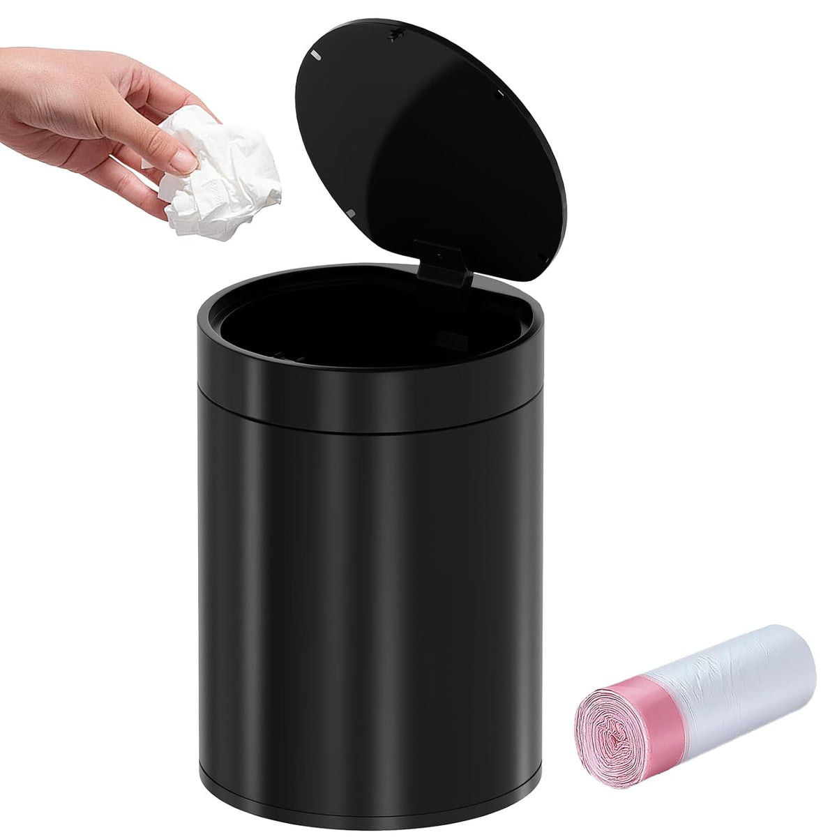 Mini Trash Can for Desk with Pop Up Lid,1.5L Tiny Trash Can for Desk, 0.4 Gal Stainless Steel mini Desk Trash can with Lidï¼Small Counter Garbage Bin with 1 Roll Bags for Bathroom,Office(Black)