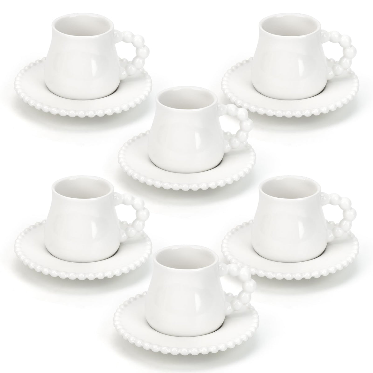 Hebaogugu Coffee Cup Set of 6 with Saucers, 3.5 OZ Ceramic Espresso Cups, Elegant Deco Turkish Coffee Cup Gift for Cappuccino, Latte, Cafe Mocha and Tea, Dishwasher & Microwave Safe (Pearl White)