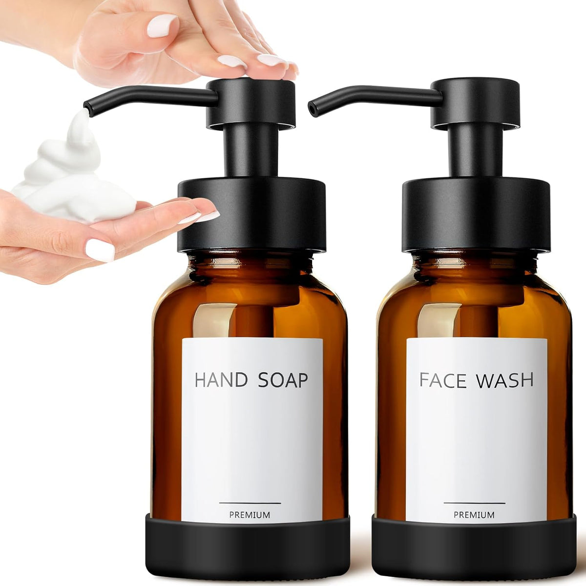 GMISUN Amber Foam Soap Dispenser, 8.5 Fl oz Amber Glass Foaming Hand Soap Dispenser for Bathroom & Kitchen, 2 Pcs Modern Refillable Foaming Soap Dispensers, Foam Pump Bottle with Label & Silicone Boot
