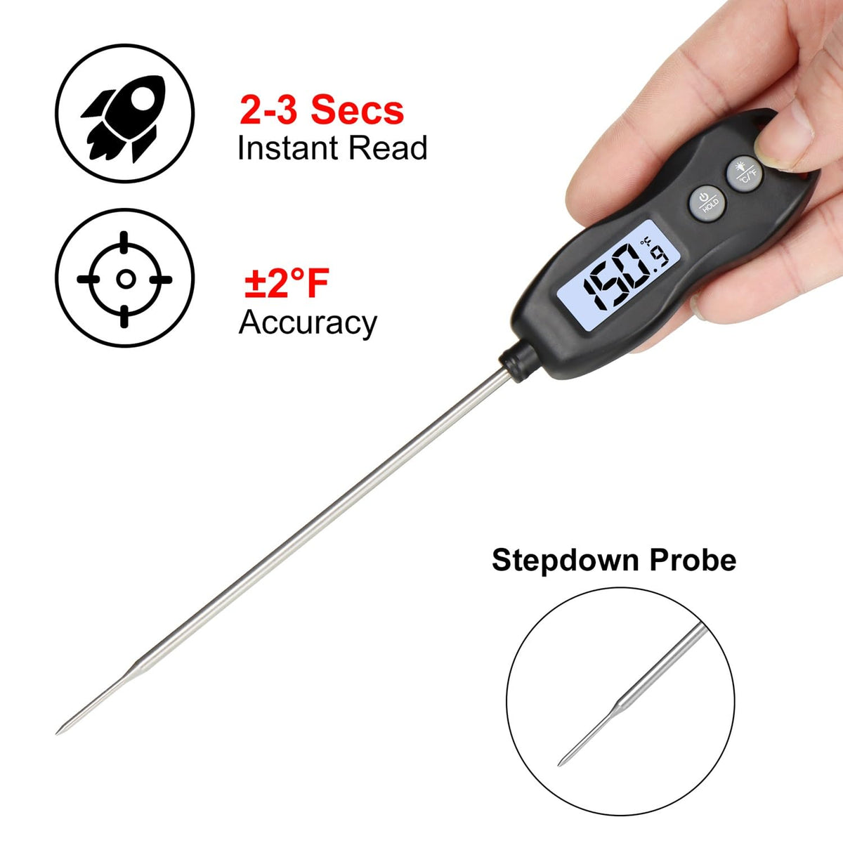 BRAPILOT Digital Meat Thermometer Backlight,Waterproof Instant Read Food Thermometer for Cooking Grilling BBQ Baking Liquids Beef Turkey (Black)