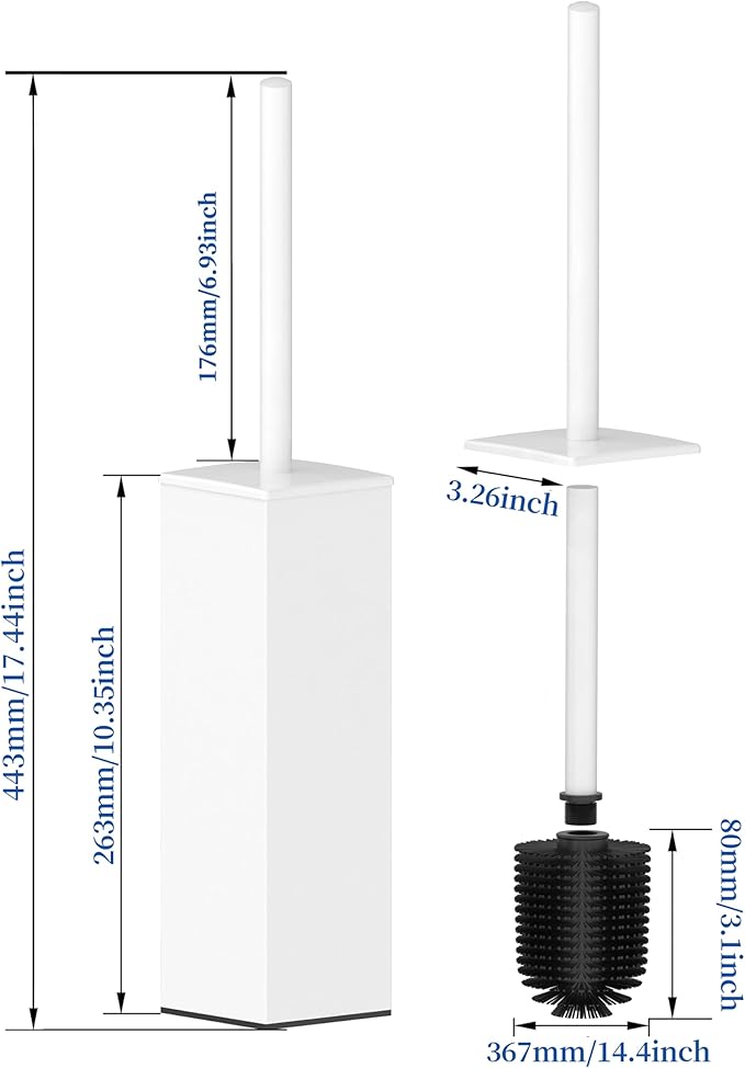 RUACQ Toilet Brush and Holder Set,Square Toilet Bowl Brush for Bathroom with 304 Stainless Steel Handle Toilet Cleaner Brush with Durable Scrubbing Bristles,Splash-Proof (White)