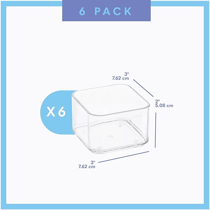 Plastic Clear Acrylic Drawer Organizers. Bathroom, Kitchen, Bedroom, Utensils, Office Organizer Bins, Storage Trays. Heavy Duty, Stackable. 3" x 3" x 2" Set of 6