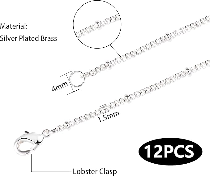 Wholesale 12PCS Silver Plated Brass Curb Chain Satellite Beaded Chains Bulk for Jewelry Making (20 Inch(1.5mm))