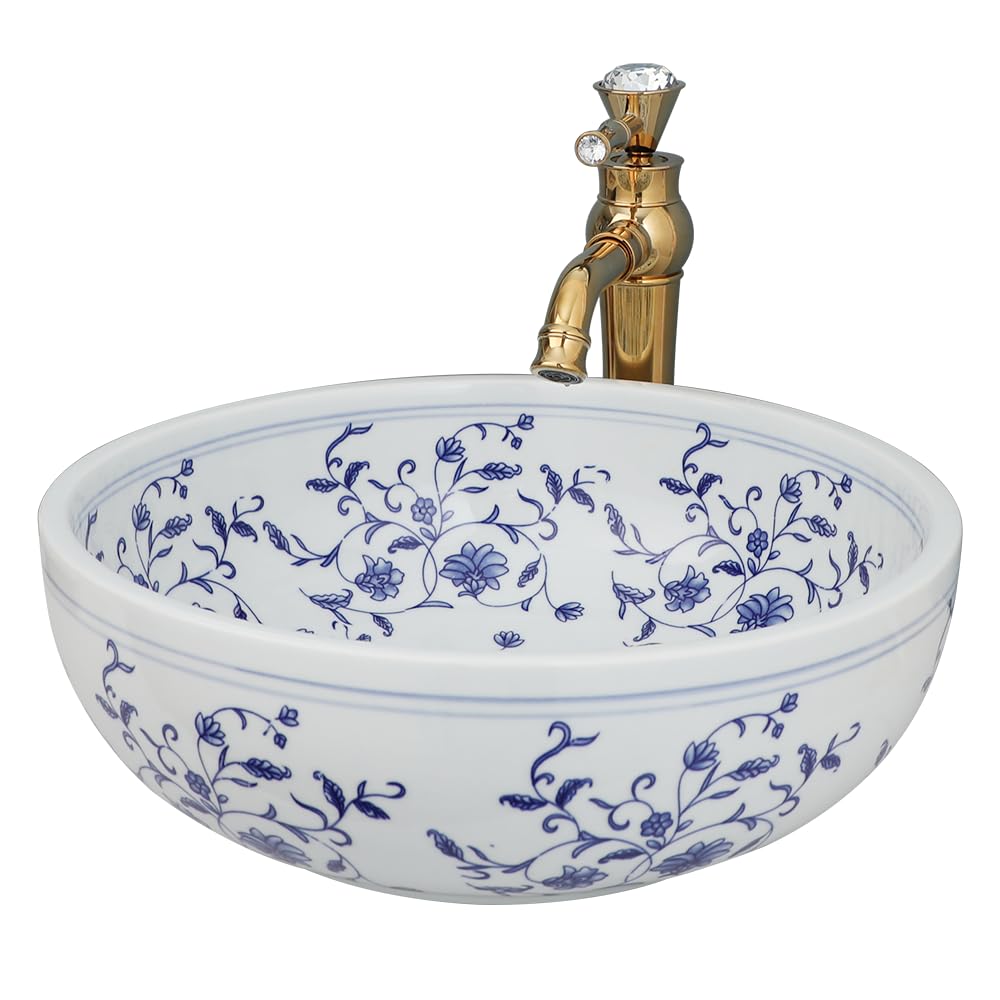 OUBONI 16 Inch Bathroom Vessel Sink, Blue and White Porcelain Ceramic Vessel Sink with Gold Faucet and Pop-up Drain Combo, Round Ceramic Bathroom Sink with Flower, Artistic Sink Bowl Above Counter