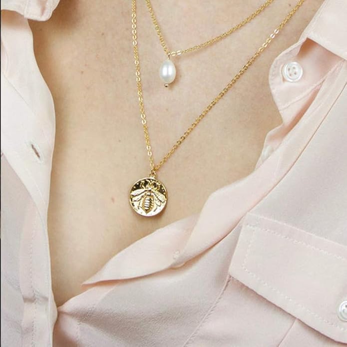 Turandoss Gold Layered Necklaces for Women - 14K Gold Plated Handmade Multilayer Bar Pearls Coin Disc Moon Butterfly Medallion Adjustable Dainty Layered Choker Necklaces for Women Jewelry