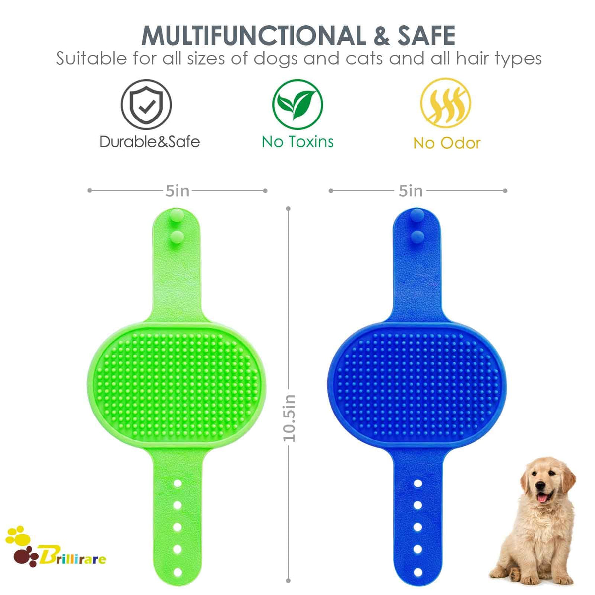 BRILLIRARE 2 Pack Dog Grooming Brush, Premium Soft Silicone Pet Bath Brushes with Adjustable Handle, Shampoo Soothing Comb for Wet Dry Long Short Haired Dogs & Cats Massaging, Deshedding