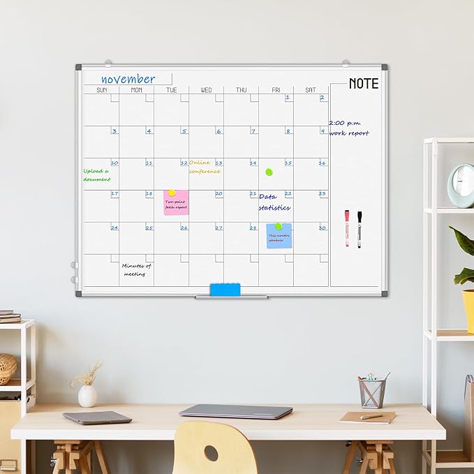 WALGLASS Dry Erase Calendar Whiteboard, 48" x 36" Monthly Large Dry Erase Calendar for Wall, Double-Sided Hanging White Board with Silver Aluminum Frame for Home, School, Office, Kitchen