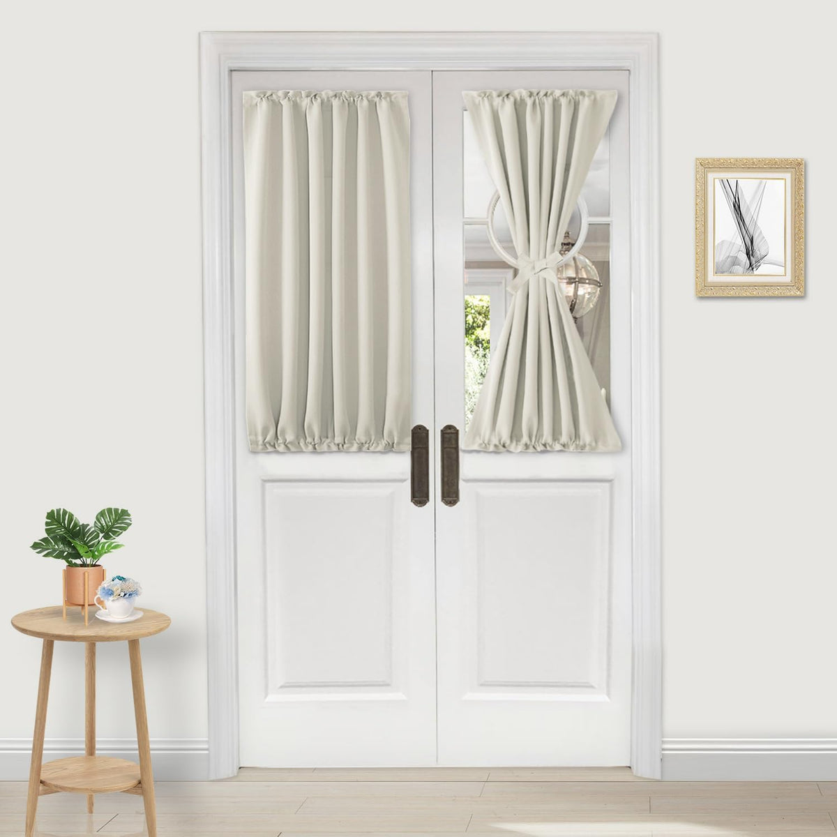 DWCN French Door Curtains â Rod Pocket Thermal Blackout Curtain for Doors with Glass Window, Kitchen and Patio Doors for Privacy, 25 X 40 Inches Long, 1 Curtain Panel with Tieback, Ivory
