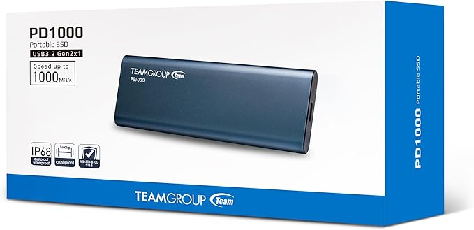 TEAMGROUP PD1000 1TB Aluminum Portable External Solid State Drive SSD, Read up to 1000MB/s, USB-C, USB A 3.2 Gen 2, Waterproof, Dustproof (IP68), Shockproof, Pressure Resistant T8FED6001T0C108