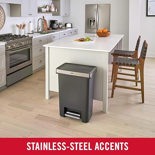 Rubbermaid Premier High-Capacity Step-On Trash Can, 19 Gallon, Single or Dual Stream Trash or Recycling, Charcoal, Stainless-Steel Rim, Lid Lock, Quiet Lid, for Home/Kitchen/Garage/Apartment