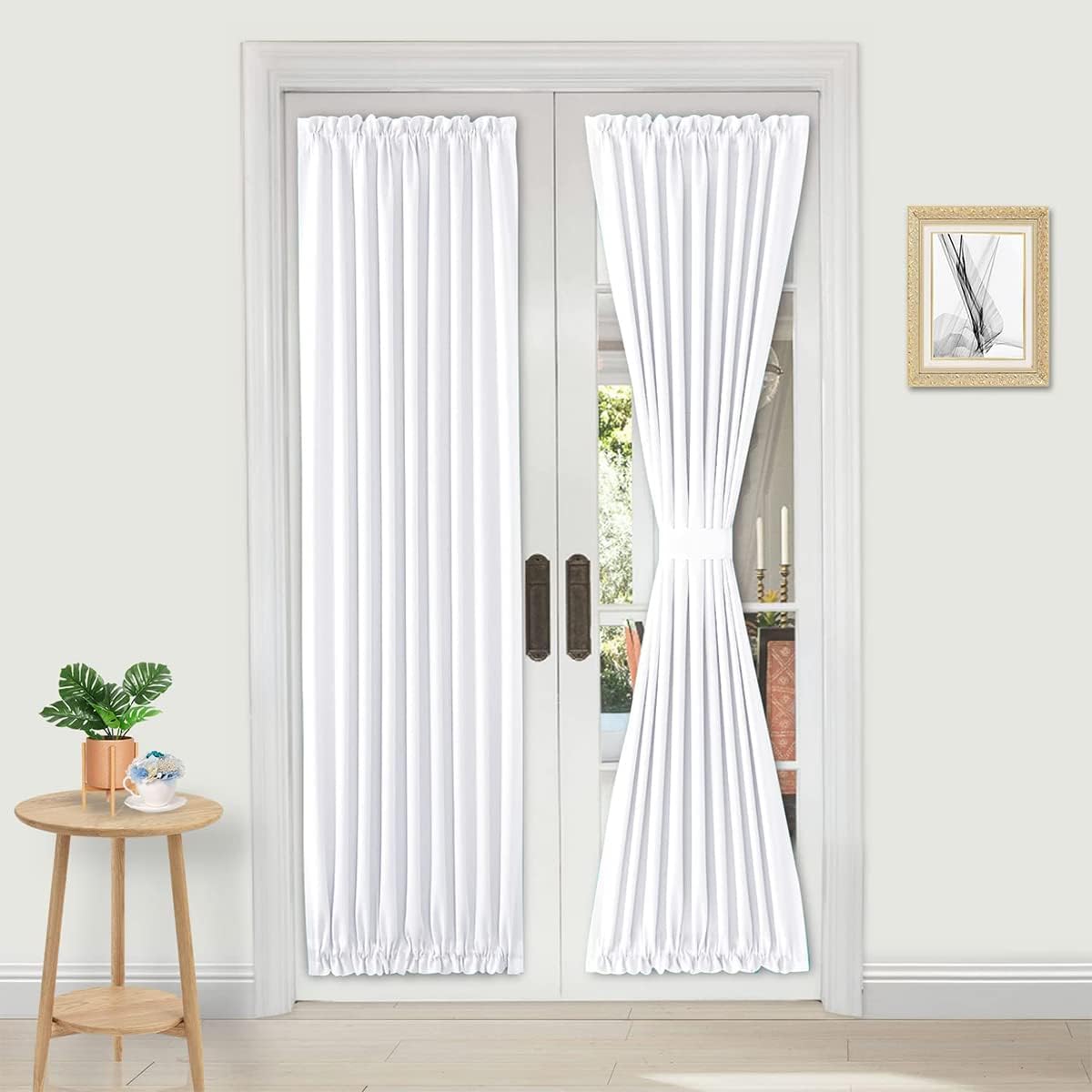 DWCN French Door Curtains â Rod Pocket Thermal Curtain for Doors with Glass Window, Kitchen and Patio Doors for Privacy, 36 X 72 Inches Long, 1 Curtain Panel with Tieback,Pure White