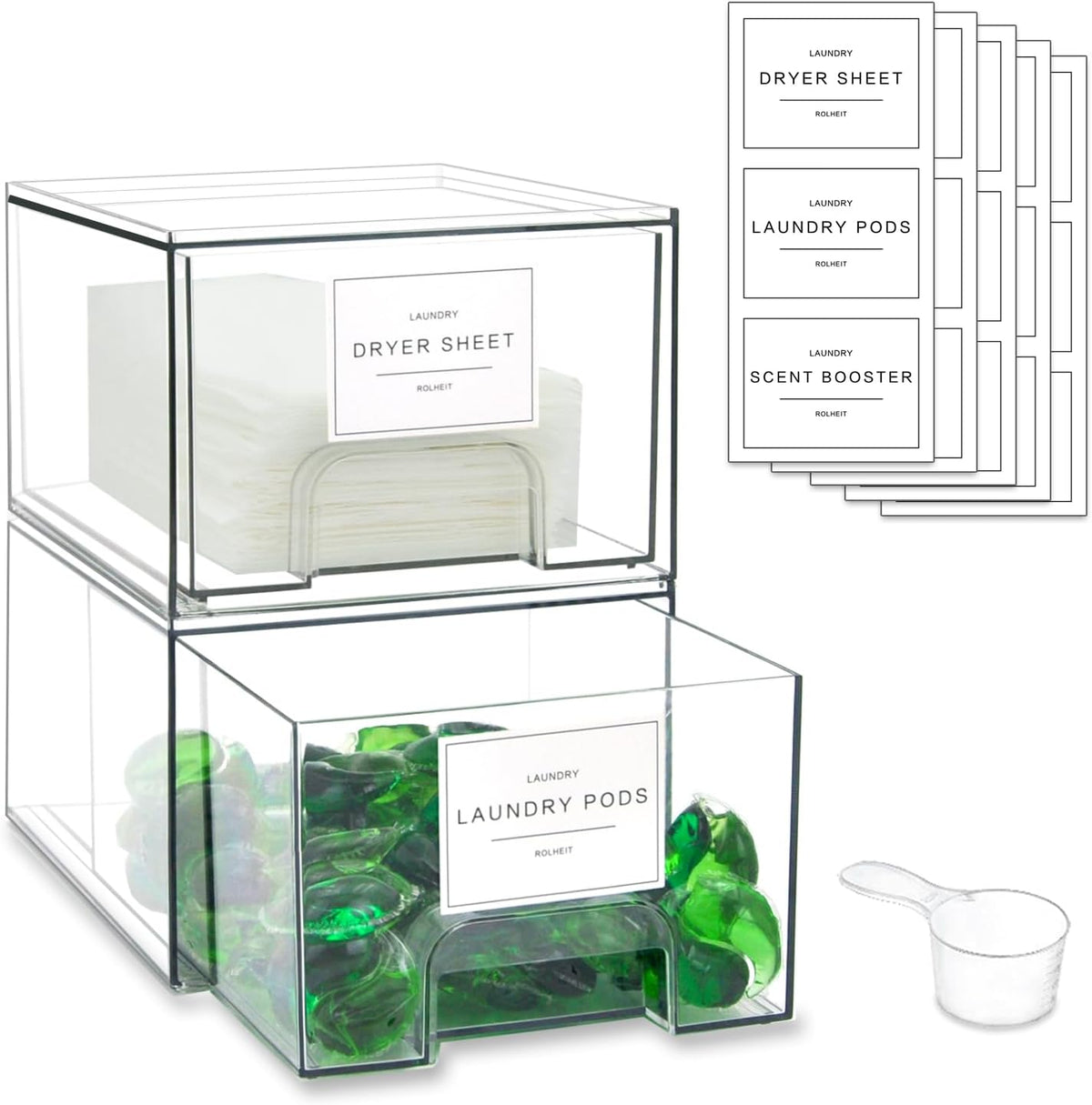 4 Pack Laundry Room Organization Storage Drawers with Labels, Clear Stackable Dryer Sheet Holder and Pod Containers, Detergent Dispenser for Laundry Room Organizing and Decor