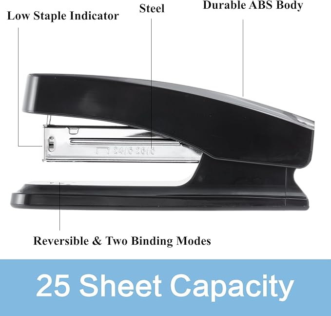 M&G Desktop Stapler with 25 Sheet Capacity, Two Binding Modes, Basic Stapler Set with 1000 Staples and Remover, Durable Staplers for Office School Home (Black)