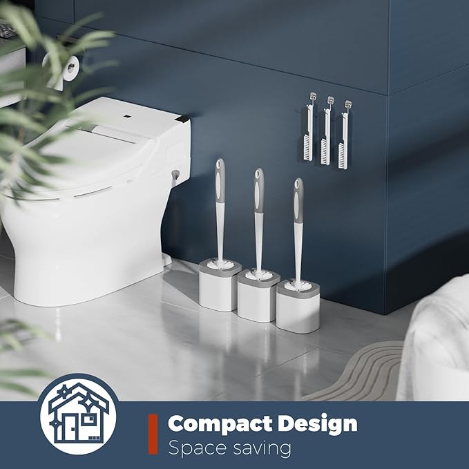 Toilet Brush, 3 Pack Toilet Brush and Holder Set Bathroom Accessories, Toilet Bowl Brush and Holder with 3 Crevice Brush for Bathroom, Toilet Scrubber Brush (White)