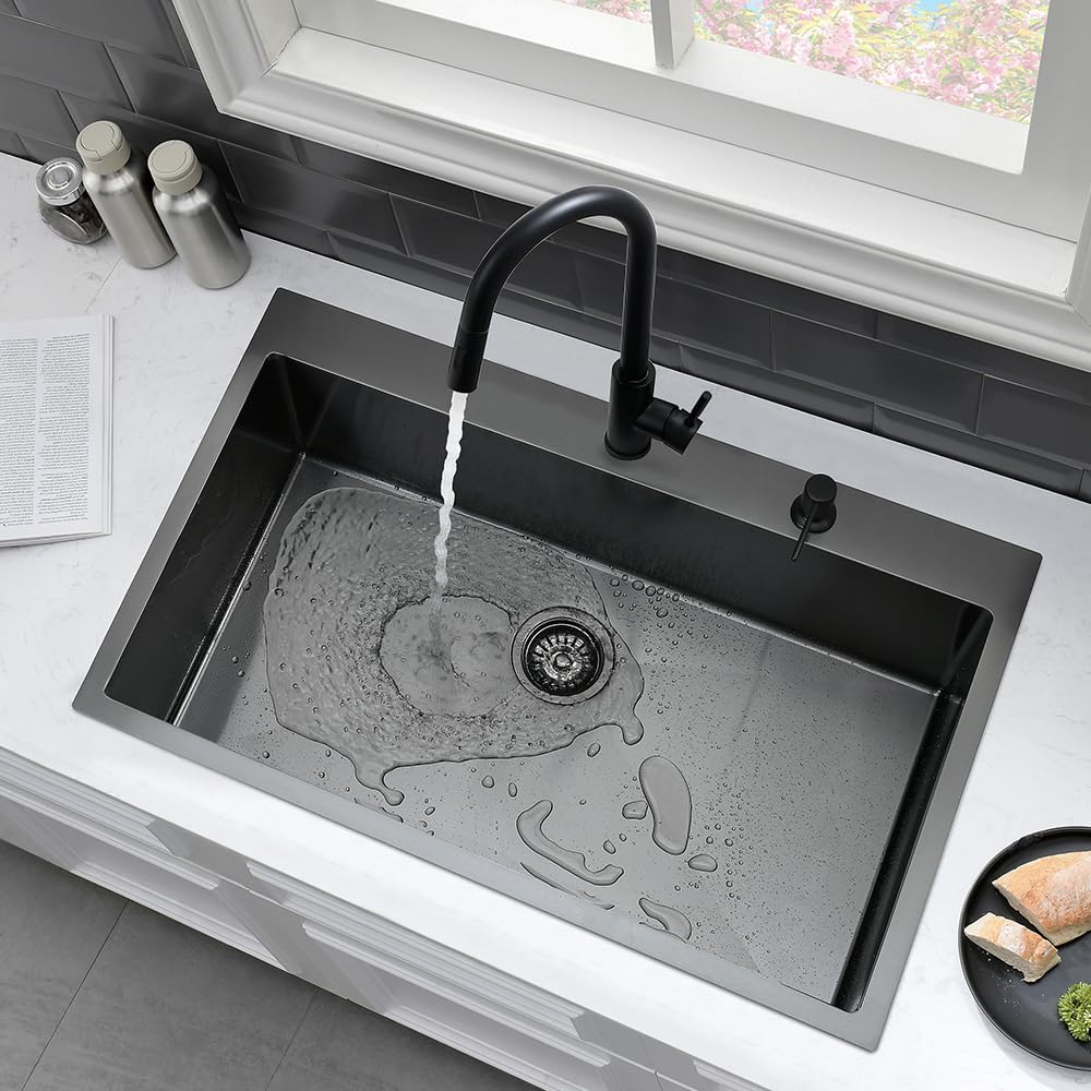 33 Black Kitchen Sink with Faucet Combo-VASOYO 33 x 22 Drop In Kitchen Sink Top Mount Black Stainless Steel Deep Single Bowl Over Mount Sinks with Faucet Combo Set
