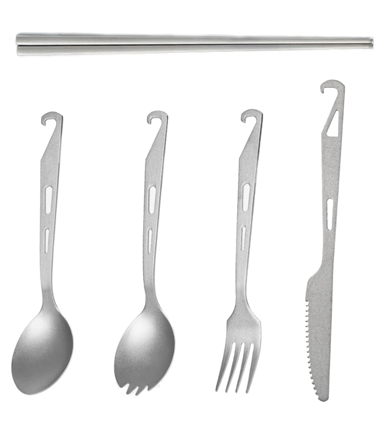 Titanium Camping Utensil Set (5-Piece) Lightweight Knife, Fork, Spoon, Spork and Chopsticks Ultra-Durable for Backpacking, Backcountry & Outdoor Adventures