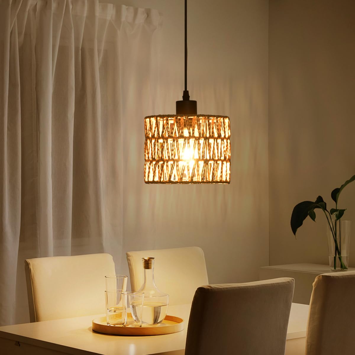 Woven Pendant Light Boho Chandelier, Rattan Pendant Lights Kitchen Island, Farmhouse Pendant Lighting with Hand Woven Wicker Shade, Boho Chandelier Light Fixtures Ceiling Hanging Light
