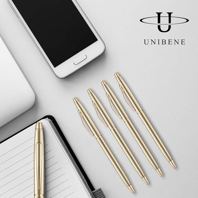 Unibene 6 Pack Slim Gold Ballpoint Pens Black Ink 1 mm - Black Ink, Nice Gift for Business Office Students Teachers Wedding Guest
