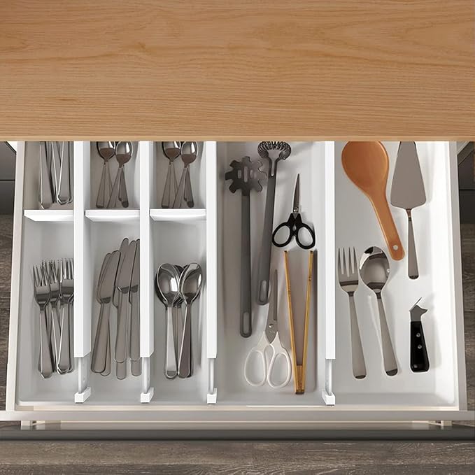 ANTOWIN Expandable Bamboo Drawer Dividers, Drawer Separators,17-22 inches Adjustable Spring-loaded Organizer for Large Utensil, Clothes, Tools Drawers, 6Pack (White)