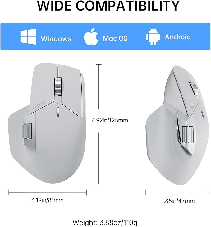 Rapoo MT760 Multi-Device Wireless Mouse, Bluetooth 5.0 and 2.4G Multi-Mode Connection, Up to 4 Devices, 11 Programmable Buttons, 4K DPI, 90 Days Battery Life, PC, Light Grey