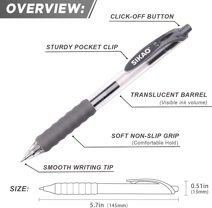 Gray Gel Pens Bulk 30 Pack Gray Pens Fine Point Smooth Writing No Smudge, CLOUD TOUCH Grip 0.7mm Black Gel Ink, Retractable Rollerball Pens for Server Office School, Lapiceros (GRAY)