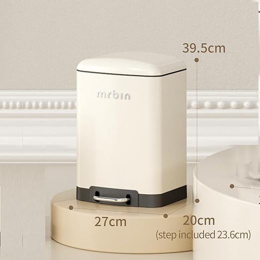 MRBIN Bathroom Trash Can with Lid, Metal Step Small Kitchen Waste Basket Touchless Soft Close, 12L / 3.2gal Rectangle Garbage Bucket with Stainless Steel Pedal for Office, Bedroom Accessories, White