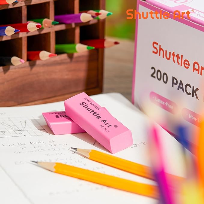 Shuttle Art Pink Erasers, 200 Pack Bulk for School, Office, Latex-Free Soft Erasers for Kids, Teachers as School Supplies