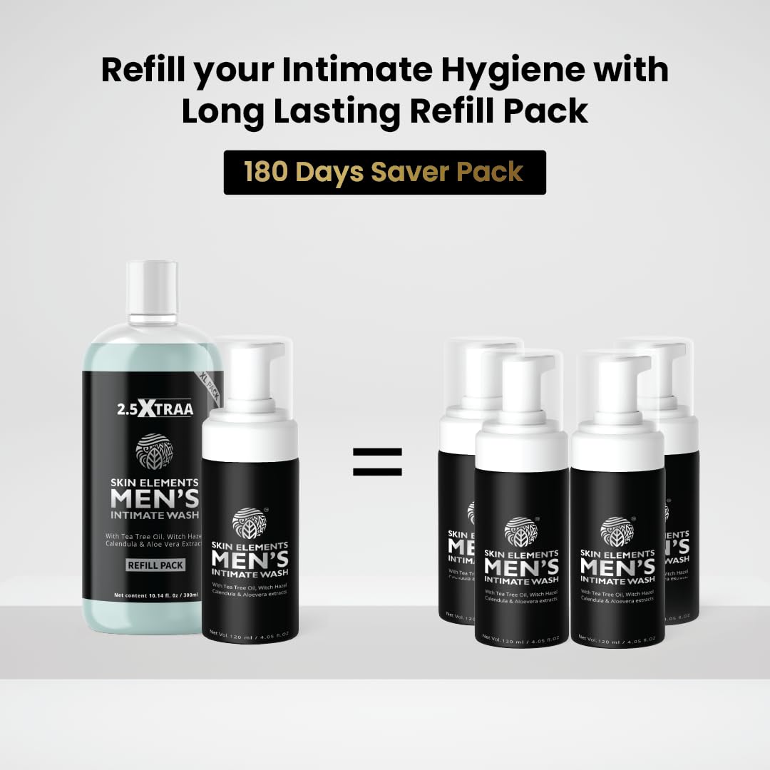 Skin Elements Men's Intimate Wash JUMBO Pack | with Refill | For 180 Days | 14.2 fl. oz | pH Balanced Hygiene Foaming Wash | Controls Bad Odor | with Tea Tree Oil | Super Saver Pack |