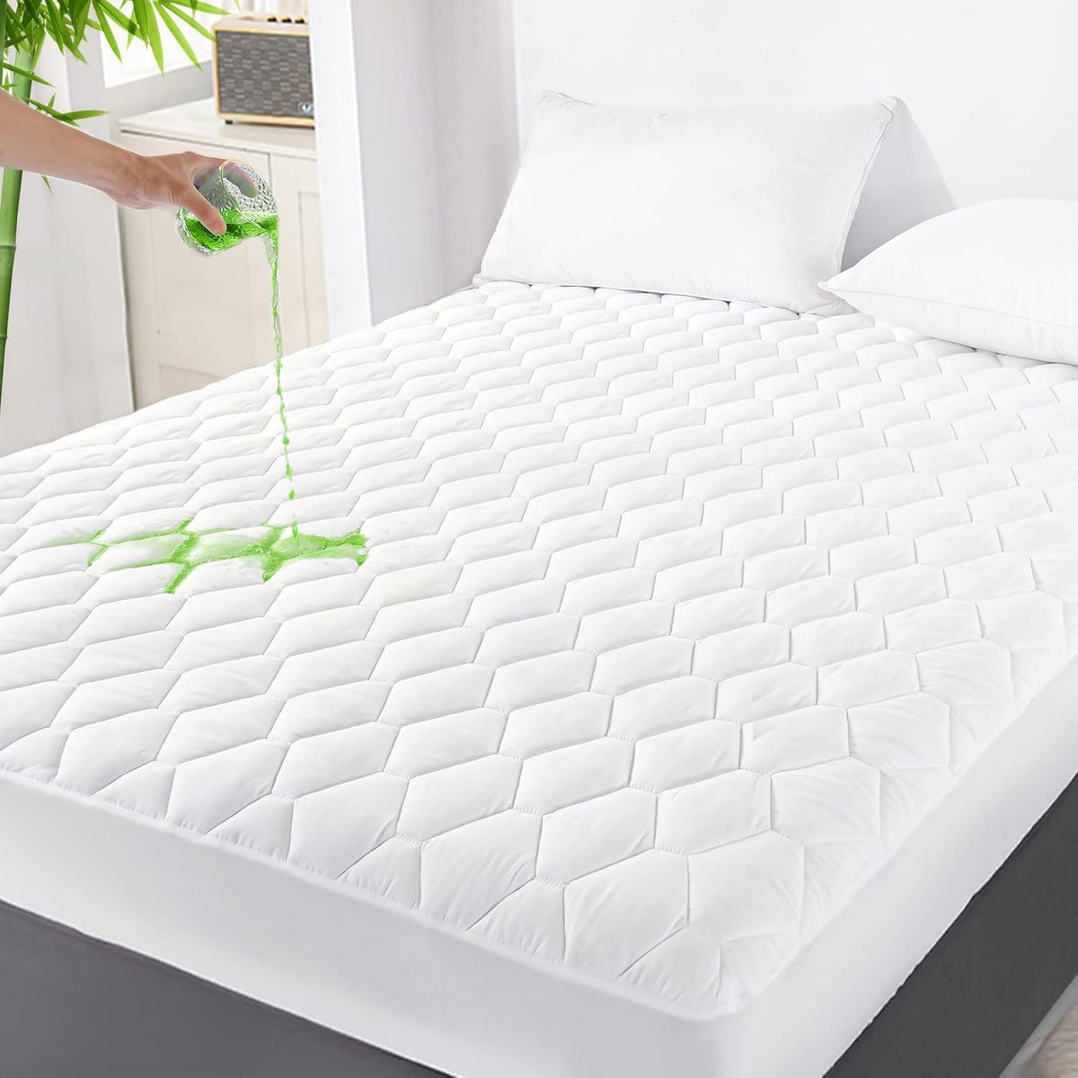 GRT Twin XL Mattress Protector Waterproof, Rayon from Bamboo, Cooling Quilted Fitted Mattress Pad, Noiseless Waterproof Mattress Cover, fits up to 18" Deep, Dust Proof White