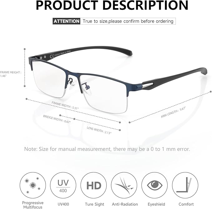 SKYOAK 2 Pack Premium Quality Progressive Multifocus Half Frame Reading Glasses for Men, No-Line Blue Light Blocking Computer Readers Multifocal Eyeglasses with TR90 Temples, Blue and Brown +3.0x