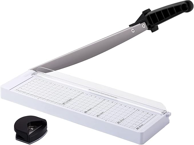 TIANSE Paper Trimmer 12” 8 to 12 Sheet Capacity Paper Cutter Guillotine with Safety Blade Lock Heavy Duty Plastic Base Paper Cutting Board for Home Office School White