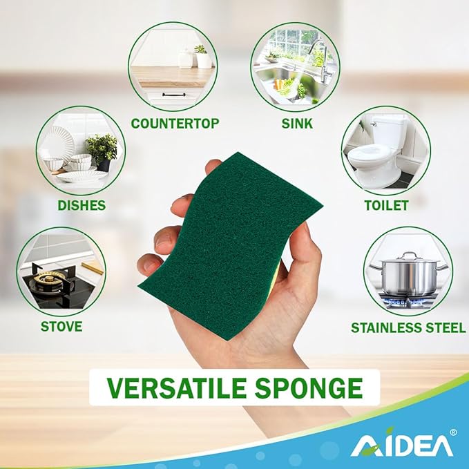 AIDEA Sponges Kitchen, 9Count, Dish Sponges, Heavy-Duty Sponge for Non-Coated Cookware, Scrubbing Power for Tough Messes, Cleaning Sponge for Kitchen, Bathroom, Household
