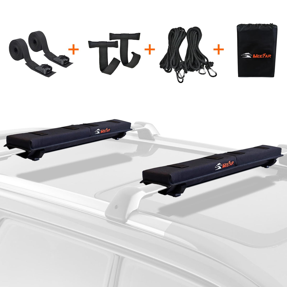 MeeFar Universal Roof Rack Pads Fit on Cross Bars - for Kayak/Surfboard/SUP/Canoe with 2 Heavy Duty Tie Down Straps, 2 Tie Down Rope, 2 Quick Loop Strap and Storage Bag