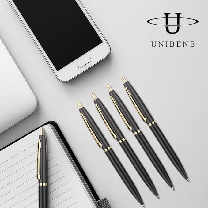 Unibene 6 Pack Black & Gold Click Ballpoint Pens -1.0mm Medium Point Black Ink with 6 Stainless Steel Refills for Business Office Students Teachers Wedding Christmas