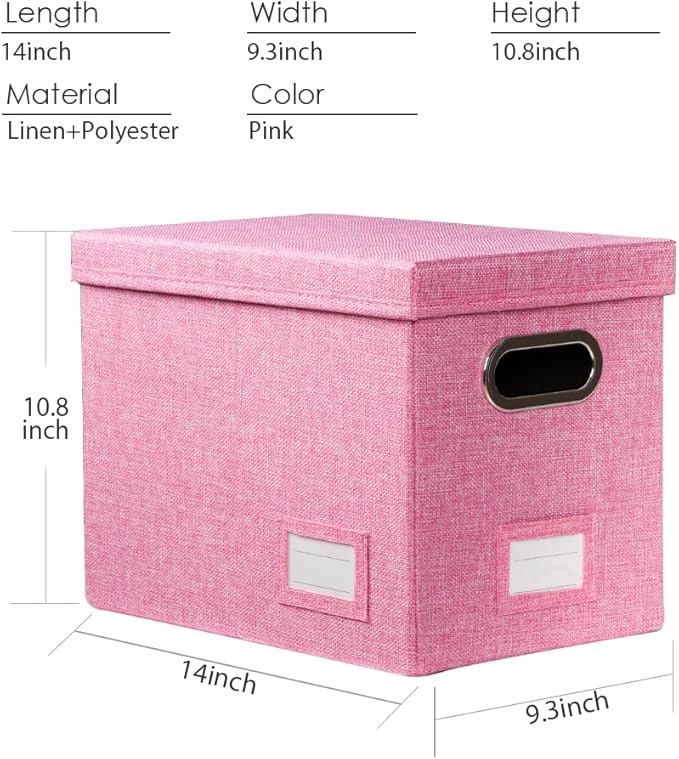 PRANDOM File Organizer Box - Set of 2 Collapsible Decorative Linen Filing Storage Hanging File Folders with Lids Office Cabinet Letter Size Pink (14x9.3x10.8 inch)