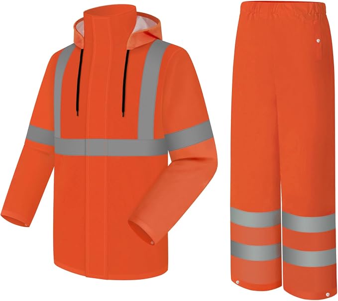 High Visibility Rain Suit - Waterproof Jacket and Pants with Hood, Class 3 Lightweight Hi Vis Rain Gear for Outdoor & Safety Work, Men Women, Orange B, L-XL