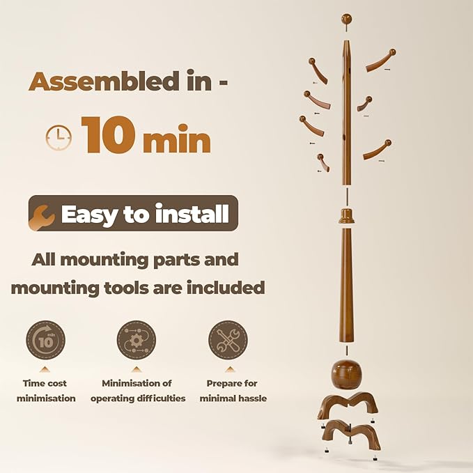 Wood Coat Rack Freestanding, Solid Wooden Hall Tree with 8 Hooks, Coat Tree Freestanding Heavy Duty with Stable Base, Entryway Hallway Bedroom Office Use, 240lbs Load Capacity H:71.6in (Natural)