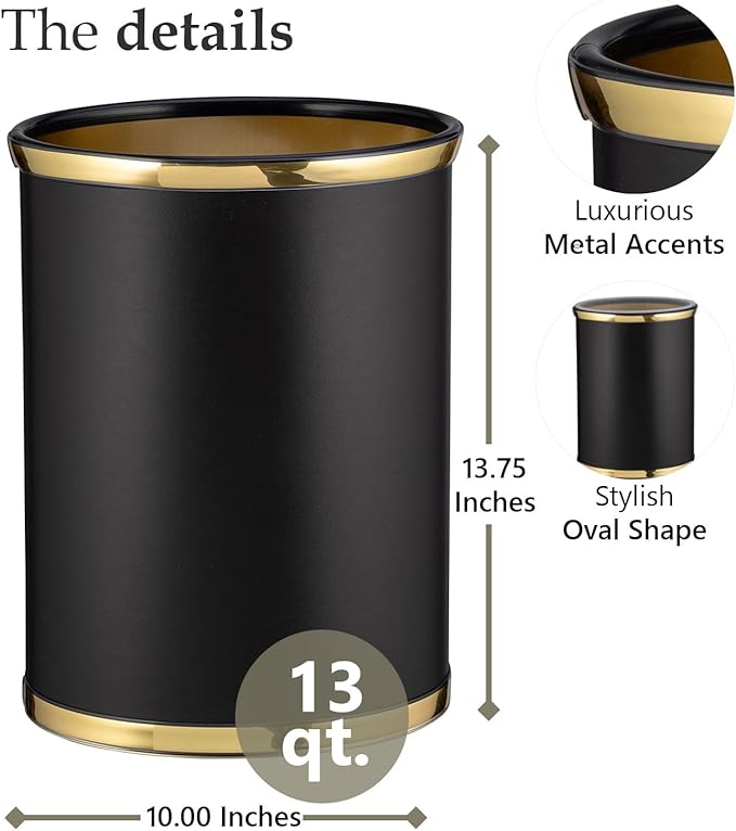 Kraftware Sophisticates Black/Polished Gold Brass Waste Basket with 3/4-Inch Bands and Brass Bumper