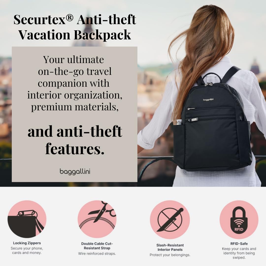 Securtex® Anti-theft Vacation Travel Backpack 10x13" Slash-Resistant Nylon Daypack w/RFID, Black