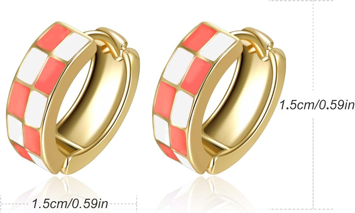 Chic Checker Small Hoop Cartilage Earrings Teacher Earrings for Women;White Black Enamel Hypoallergenic Hooped Gifts Gold and Silver tone