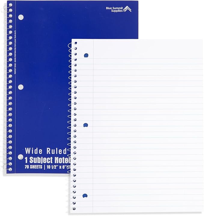Blue Summit Blue Wide Ruled Spiral Notebooks Bulk, 1 Subject Spiral Notebook Wide Ruled, Paper School Bulk Notebooks, 48 Pack