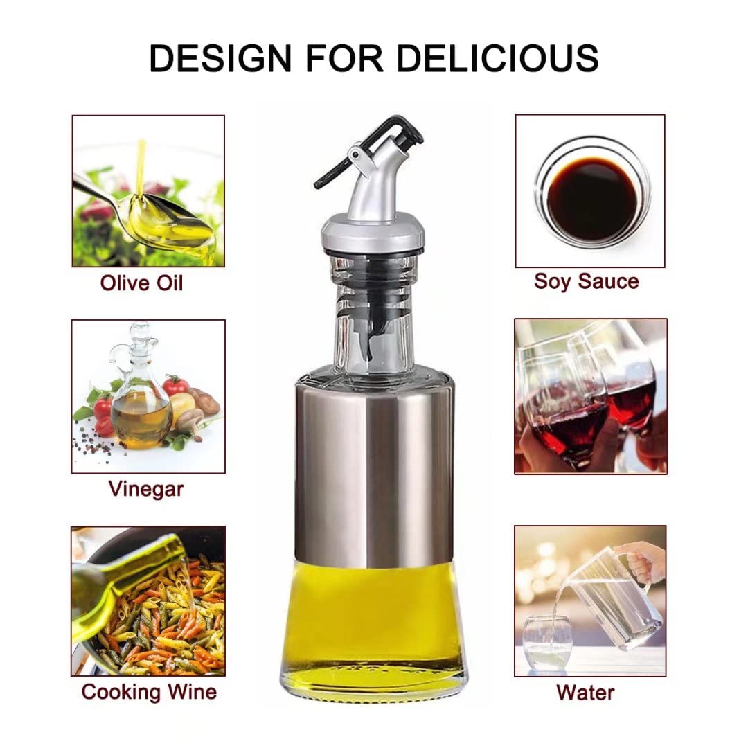 Mincham Olive Oil Dispenser Bottle 7oz(200ml), Oil Dispenser Bottle for Kitchen, Premium Glass Stainless Steel Oil and Vinegar Cruet, with Spout and Pouring Funnel, No-drip Oil Bottle