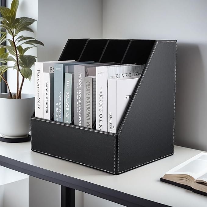 KINGFOM 4-Slot Wood Leather Document Files Holder Rack Stand Desk Files Organizer Papers Collection Cabinet (4 slot Black)