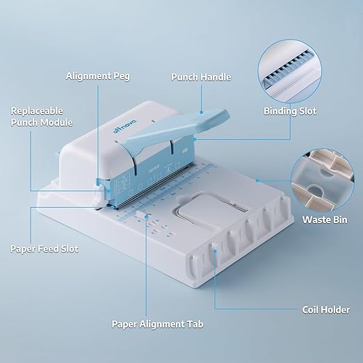 OFFNOVA 2-in-1 Mini Binding Machine, Square & Disc Hole Book Binder, Compact DIY Punch and Bind Kit for A4/A5/US Letter, Includes Coils and Discs for Journals, Planners, Notebooks, Calendars
